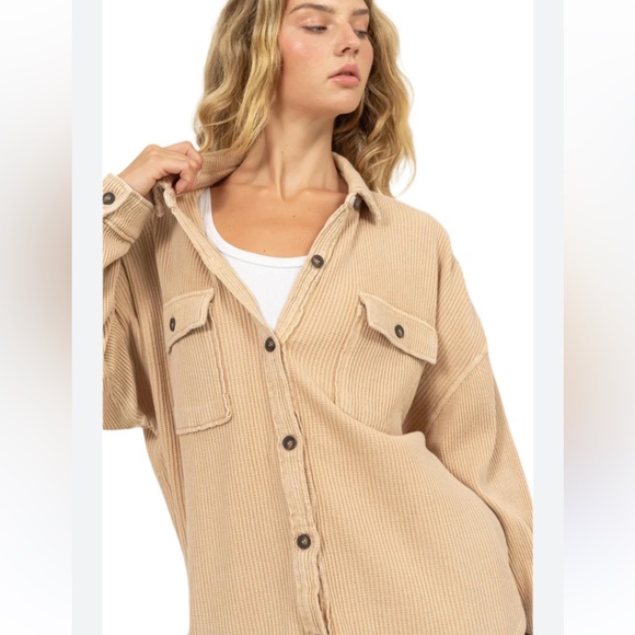 455. Ribbed Knit Button Down Shacket Tan - Picture 1 of 2